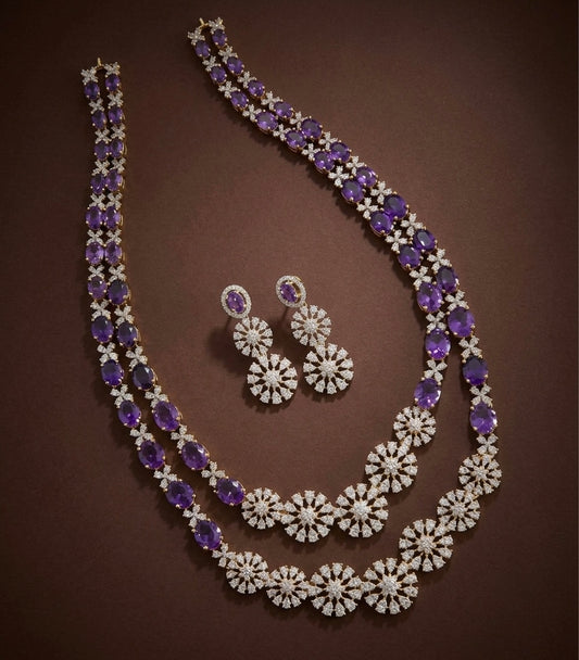 Two tone cz purple stone double layer short haar set dj-54412