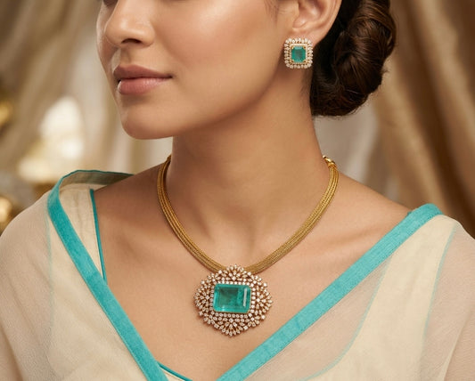 Matte finish turquoise blue-white block stone necklace set dj-47338