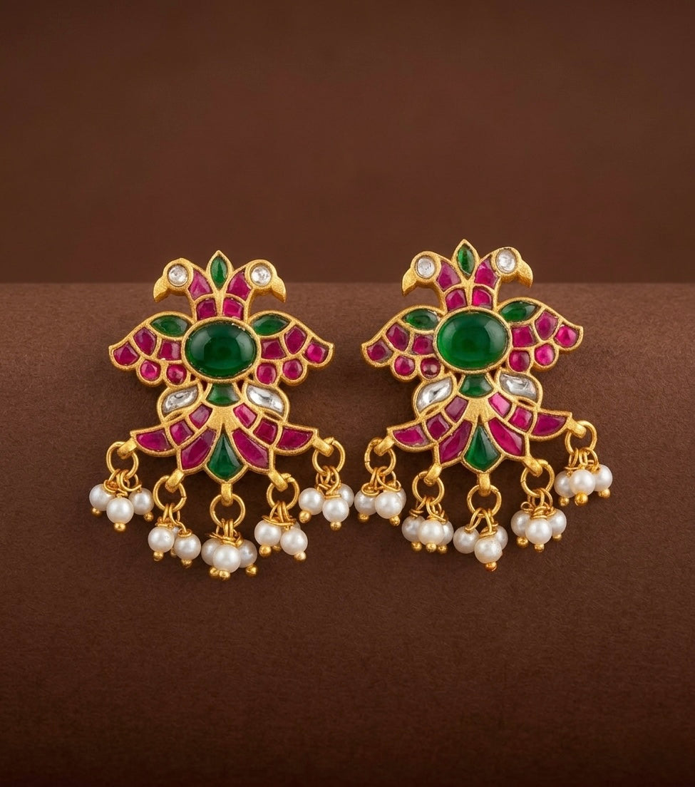 Gold tone kundan jadau gandaberunda earrings dj-54255
