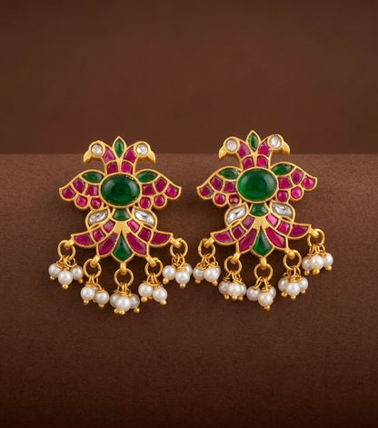 Gold tone kundan jadau gandaberunda earrings dj-54255