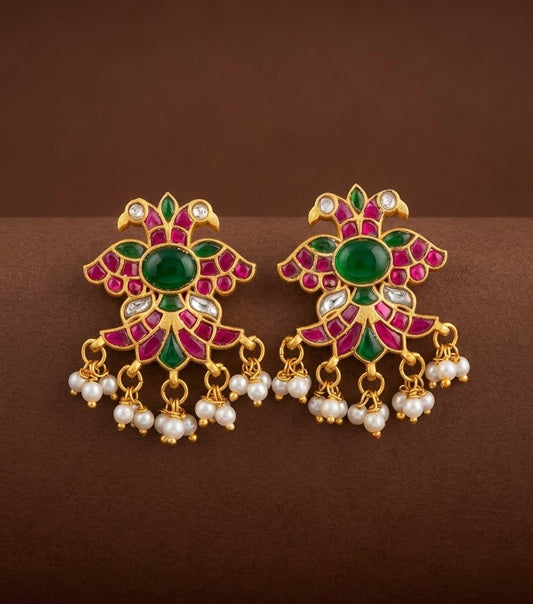 Gold tone kundan jadau gandaberunda earrings dj-54255
