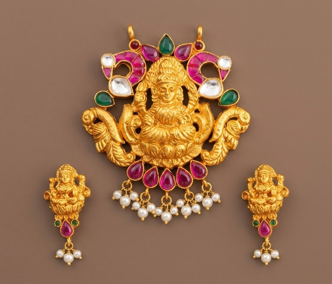 Gold tone Lakshmi Kemp-green Rice Pearl Pendant With Screw Back Earrings -dj09730