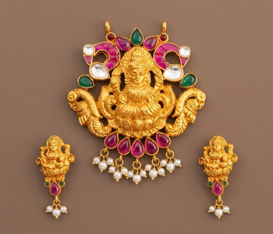 Gold tone Lakshmi Kemp-green Rice Pearl Pendant With Screw Back Earrings -dj09730