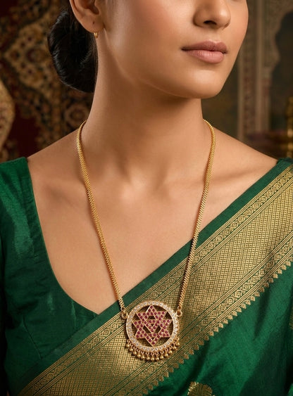 Gold tone 24 inches chain with AD pink-white chakram pendant dj-53316