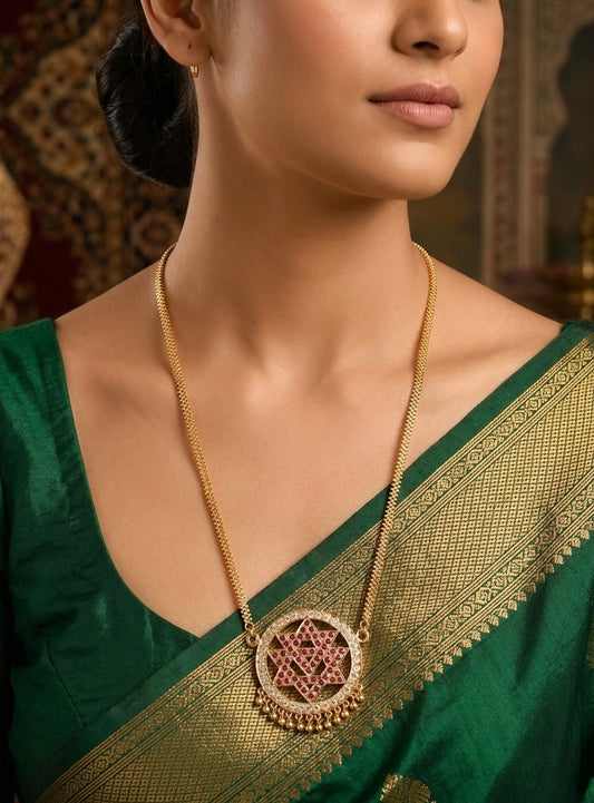 Gold tone 24 inches chain with AD pink-white chakram pendant dj-53316