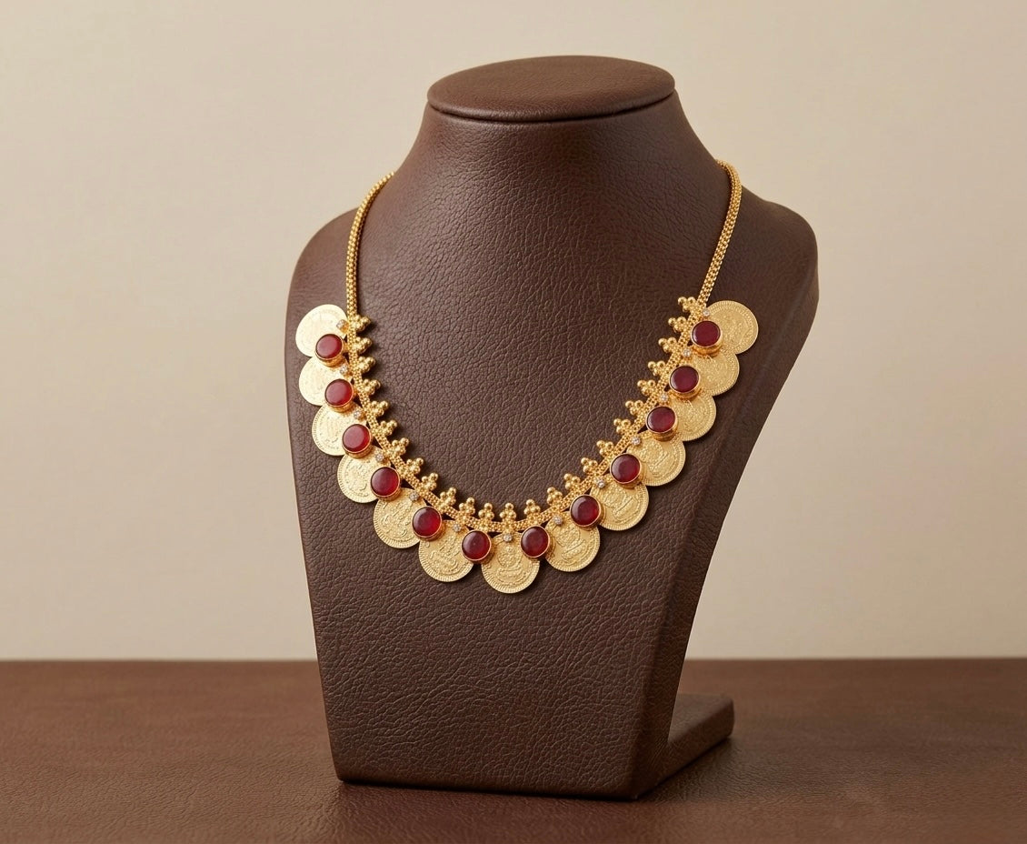 Gold tone kerala style red-white round lakshmi coin necklace dj-53079