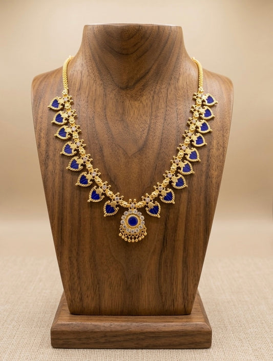 Gold tone white-blue palakka necklace dj-53063