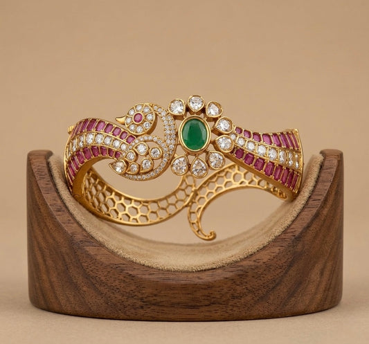 Matte finish kemp-green-white screw type peacock kada/bangle dj-53513