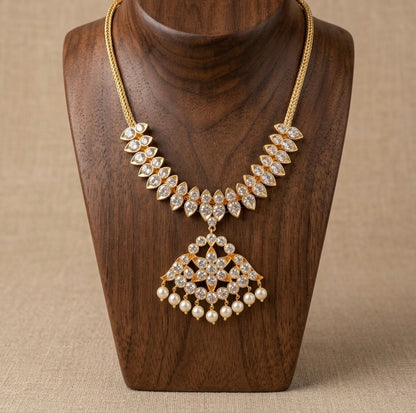 Gold tone AD white stone pearl necklace dj-53225