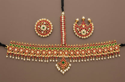 Gold tone kemp-green-white pearl beaded mango tikka dj-53644