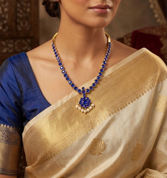Gold tone AD blue stone pearl attigai necklace dj-54602