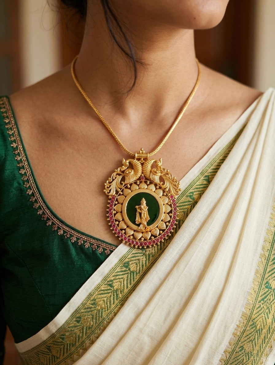 Gold tone peacock pink-green krishna kerala style kodi necklace dj-54125