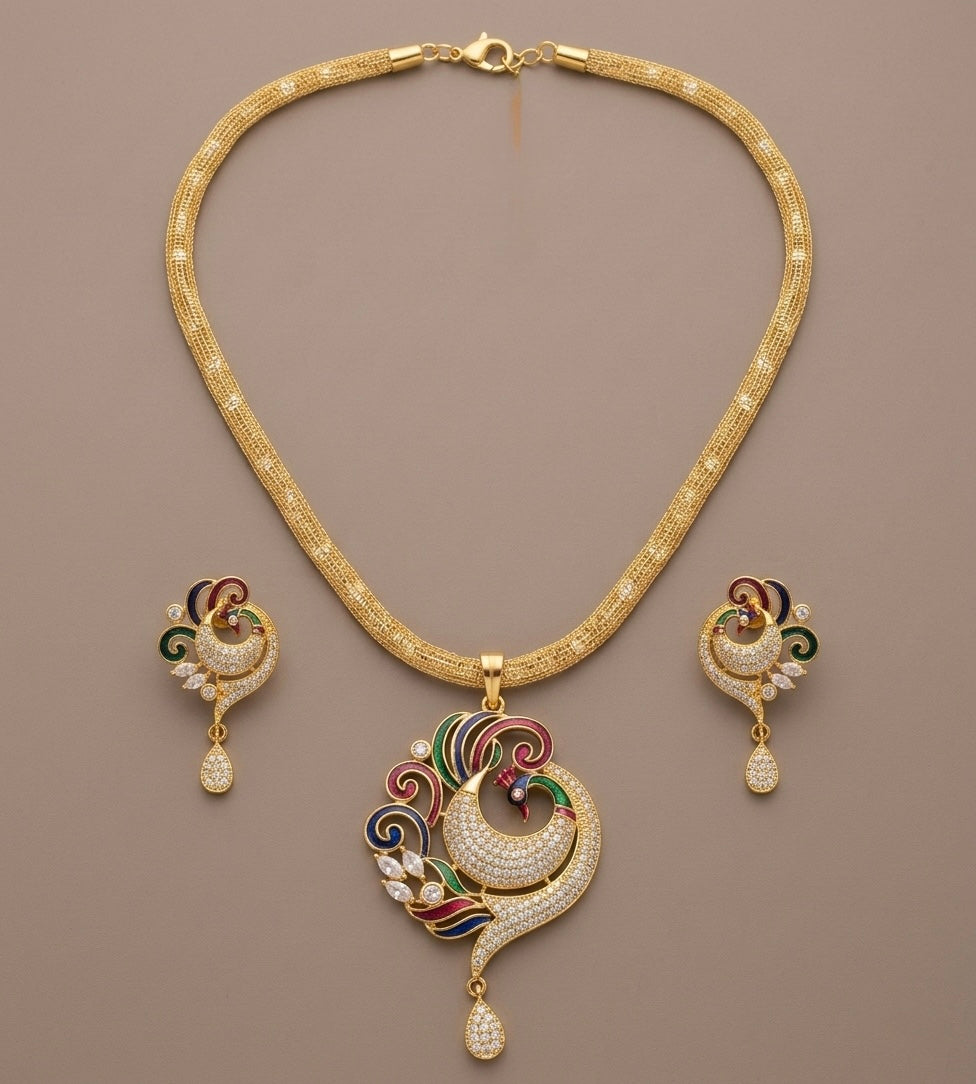 Gold tone cz meenakari peacock necklace set-dj06067