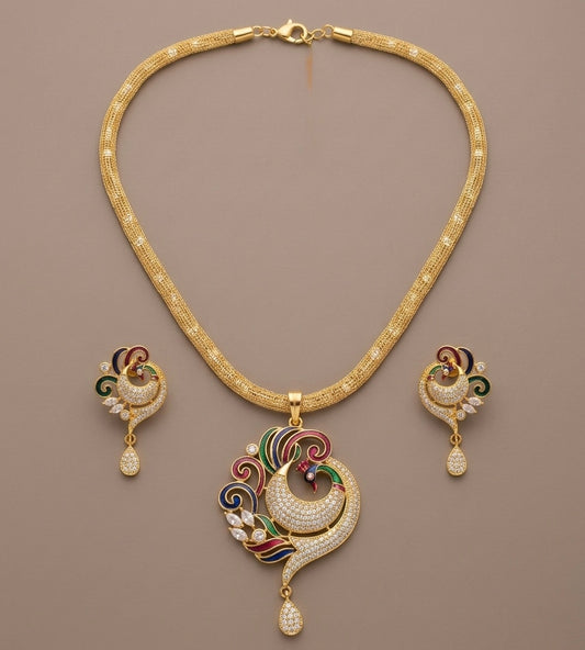 Gold tone cz meenakari peacock necklace set-dj06067