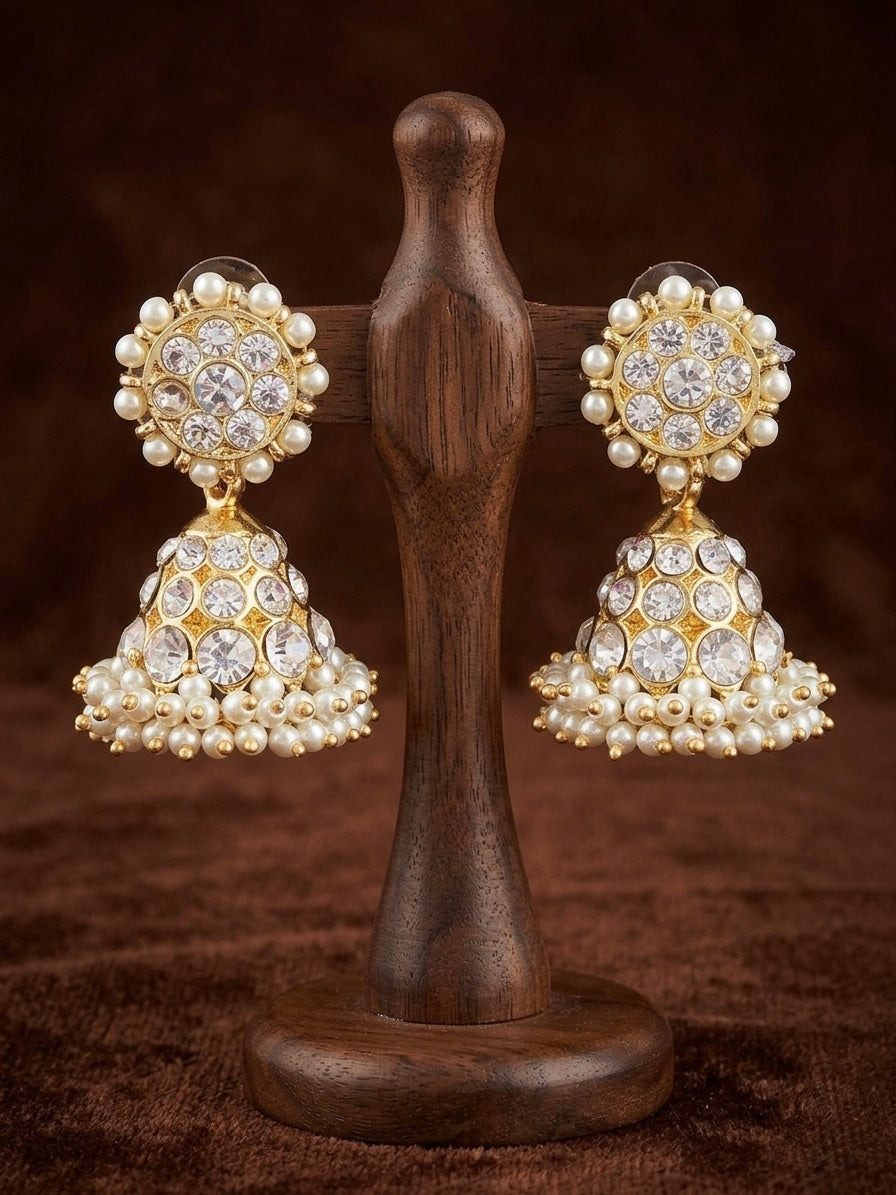 Gold tone precious white stone pearl jhumkka dj-53907