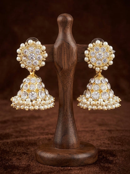 Gold tone precious white stone pearl jhumkka dj-53907