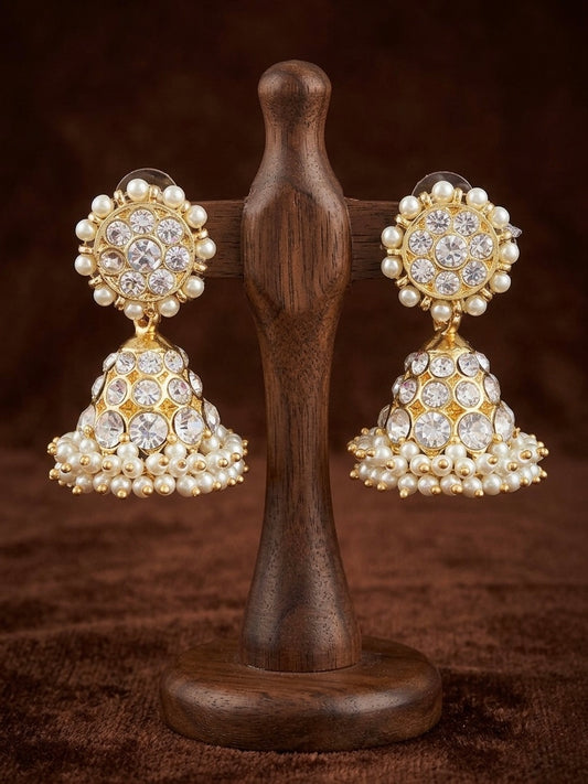Gold tone precious white stone pearl jhumkka dj-53907