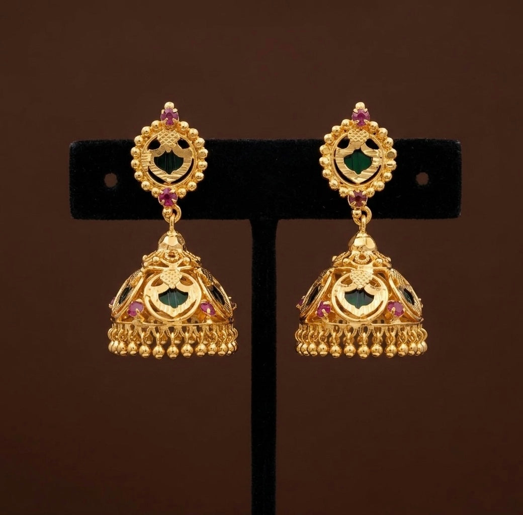 Gold tone kerala style pink-green 5 petal palakka jhumkka dj-54304