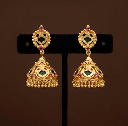 Gold tone kerala style pink-green 5 petal palakka jhumkka dj-54304