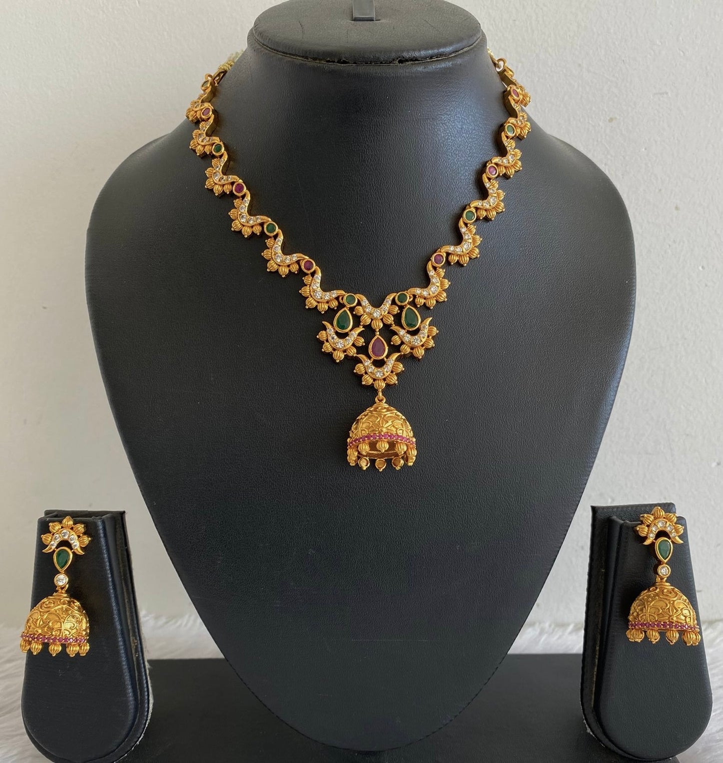Matte Finish Cz Ruby-green Jhumkka Pendant Necklace Set DJ32344