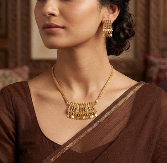 Gold tone kerala style pink stone elakka necklace set dj-54319