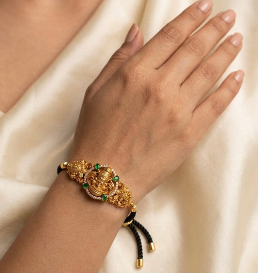 Gold tone black thread shri Thirumal nama-shanku-chakra bracelet dj-54428