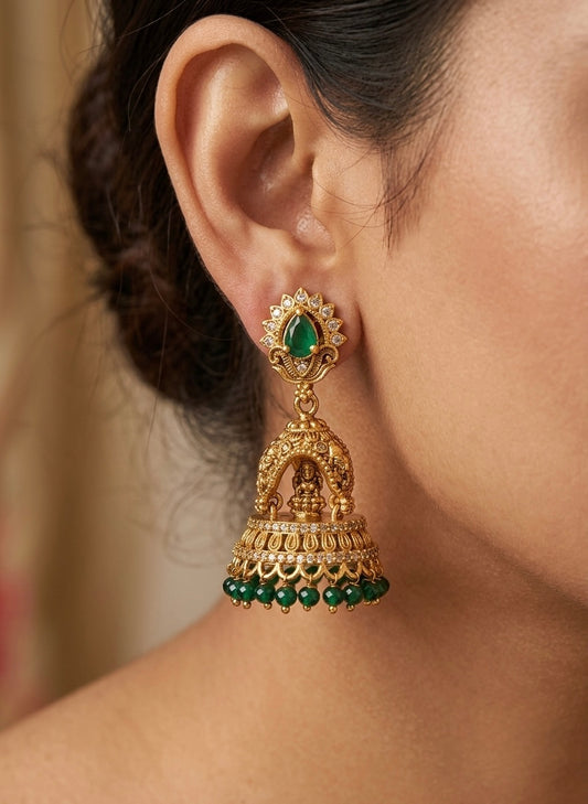 Matte finish white-green elephant Lakshmi jhumkka dj-53573