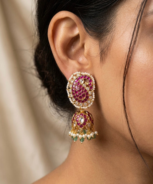 Gold tone kemp-white stone peacock mango green beaded pearl jhumkka dj-54591