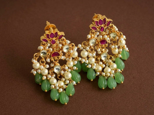 Gold tone pink-white kundan jadau green-pearl beaded lotus earrings dj-50716