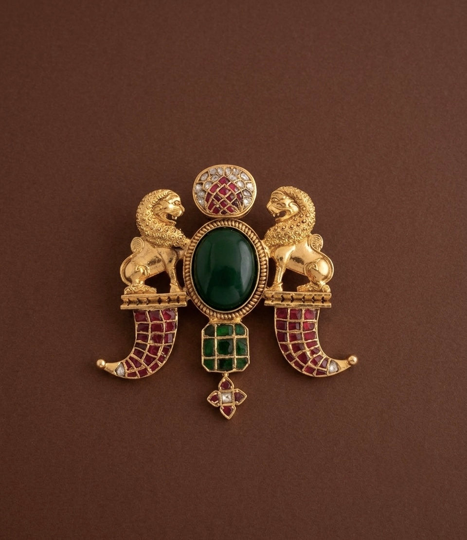 Antique gold tone pink-green-white kundan jadau Simha/Lion pendant dj-51589