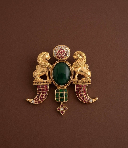 Antique gold tone pink-green-white kundan jadau Simha/Lion pendant dj-51589