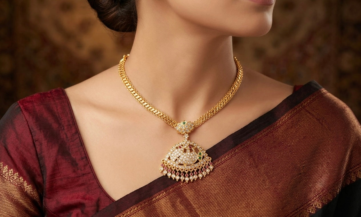 Gold tone south indian AD pink-green peacock attigai/necklace dj-51894