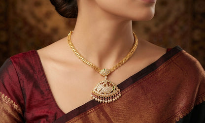 Gold tone south indian AD pink-green peacock attigai/necklace dj-51894