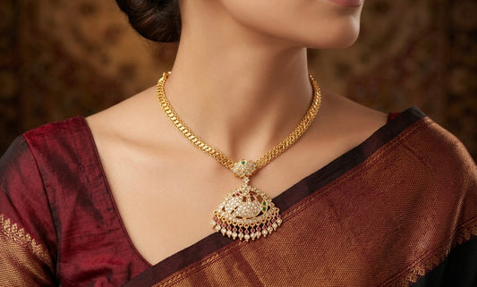 Gold tone south indian AD pink-green peacock attigai/necklace dj-51894