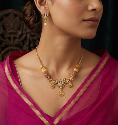 Matte finish pink-green-white thirumal nama beaded chain set dj-54011
