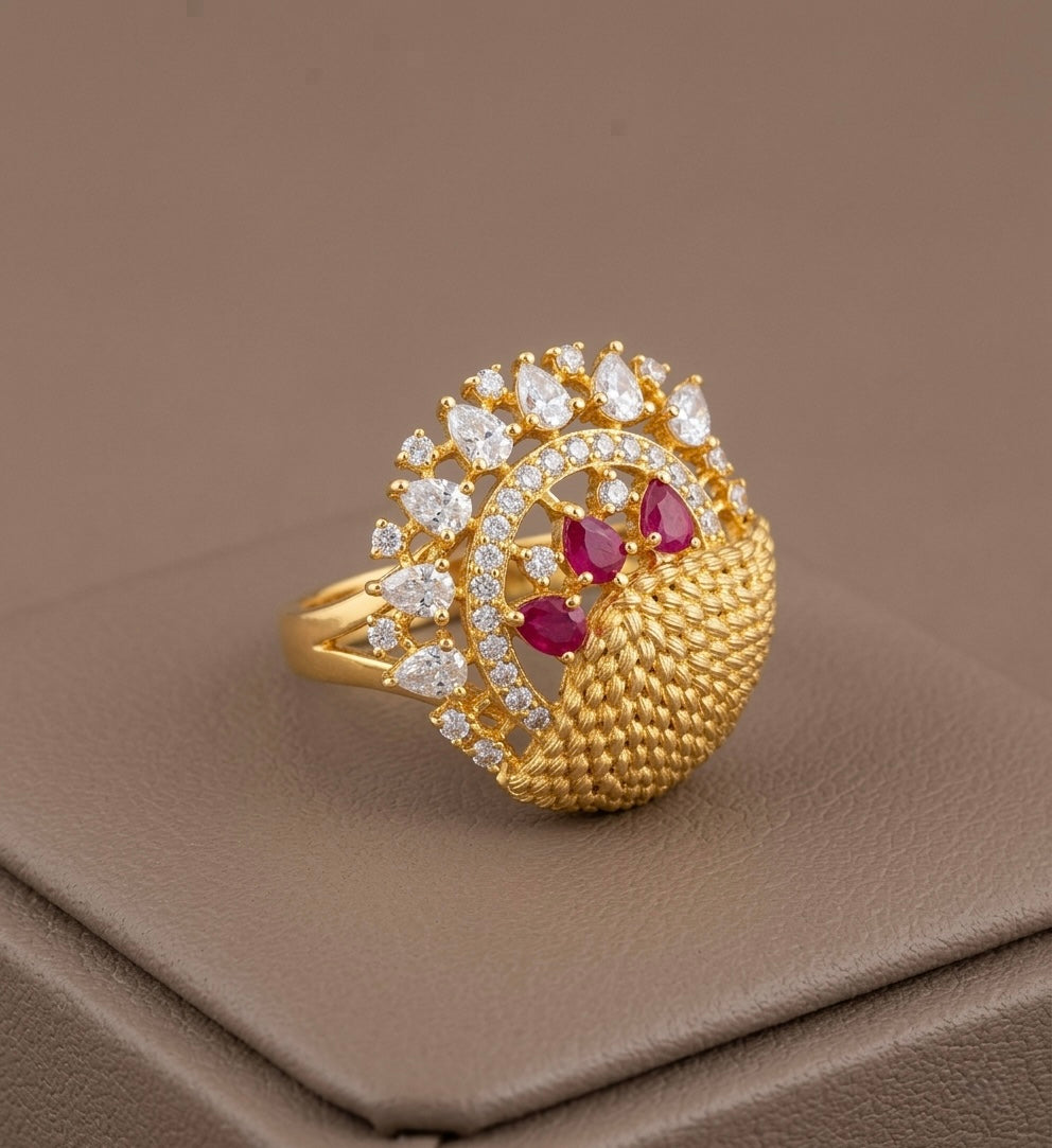Antique gold tone cz white-ruby finger ring DJ22854