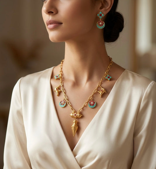 Gold tone turquoise-pink kundan jadau floral necklace set dj-54193