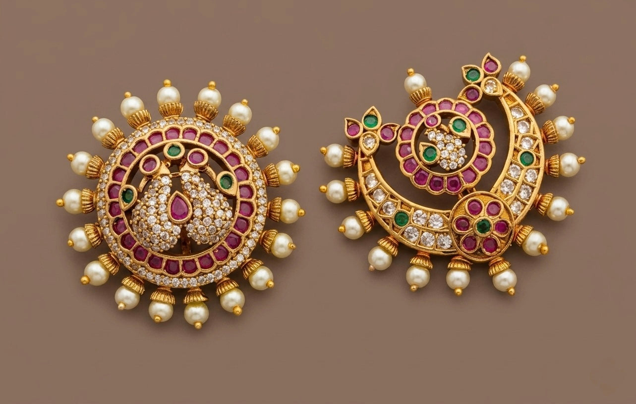 Antique gold tone kemp-green-white peacock pearl sun moon hair jewel dj-53652