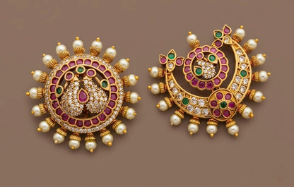 Antique gold tone kemp-green-white peacock pearl sun moon hair jewel dj-53652