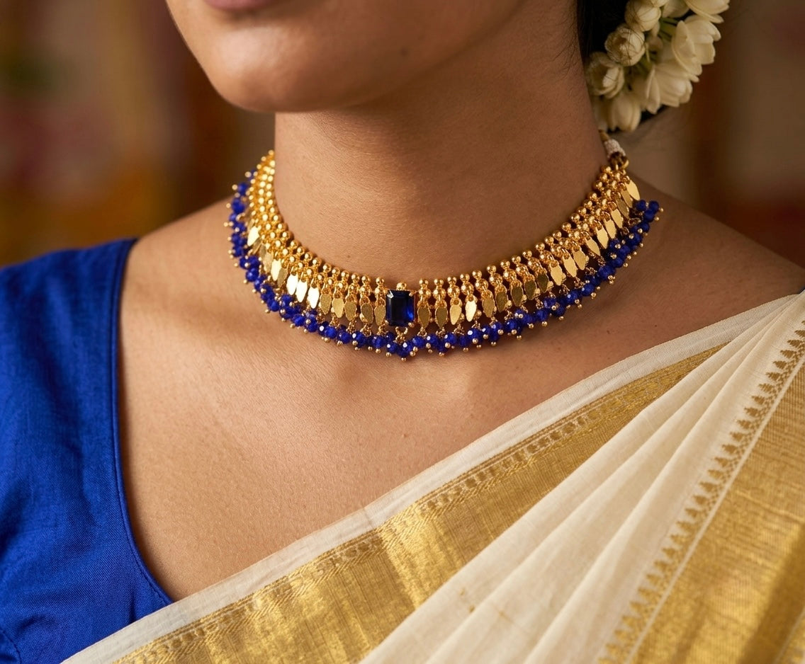 Gold tone Kerala style elakka blue beaded choker necklace dj-54298
