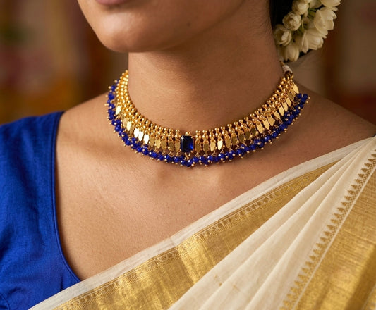 Gold tone Kerala style elakka blue beaded choker necklace dj-54298