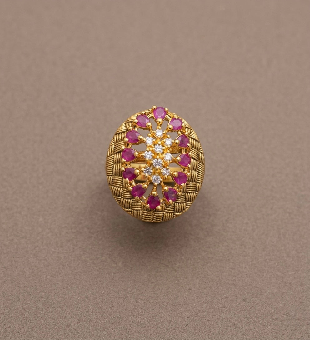 Antique gold tone cz white-ruby finger ring DJ22850