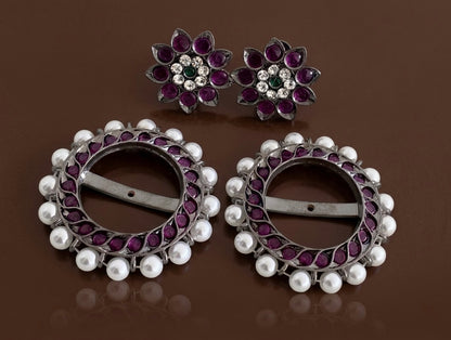 Black finish precious kemp-white pearl flower 2 in 1 round earrings dj-53947