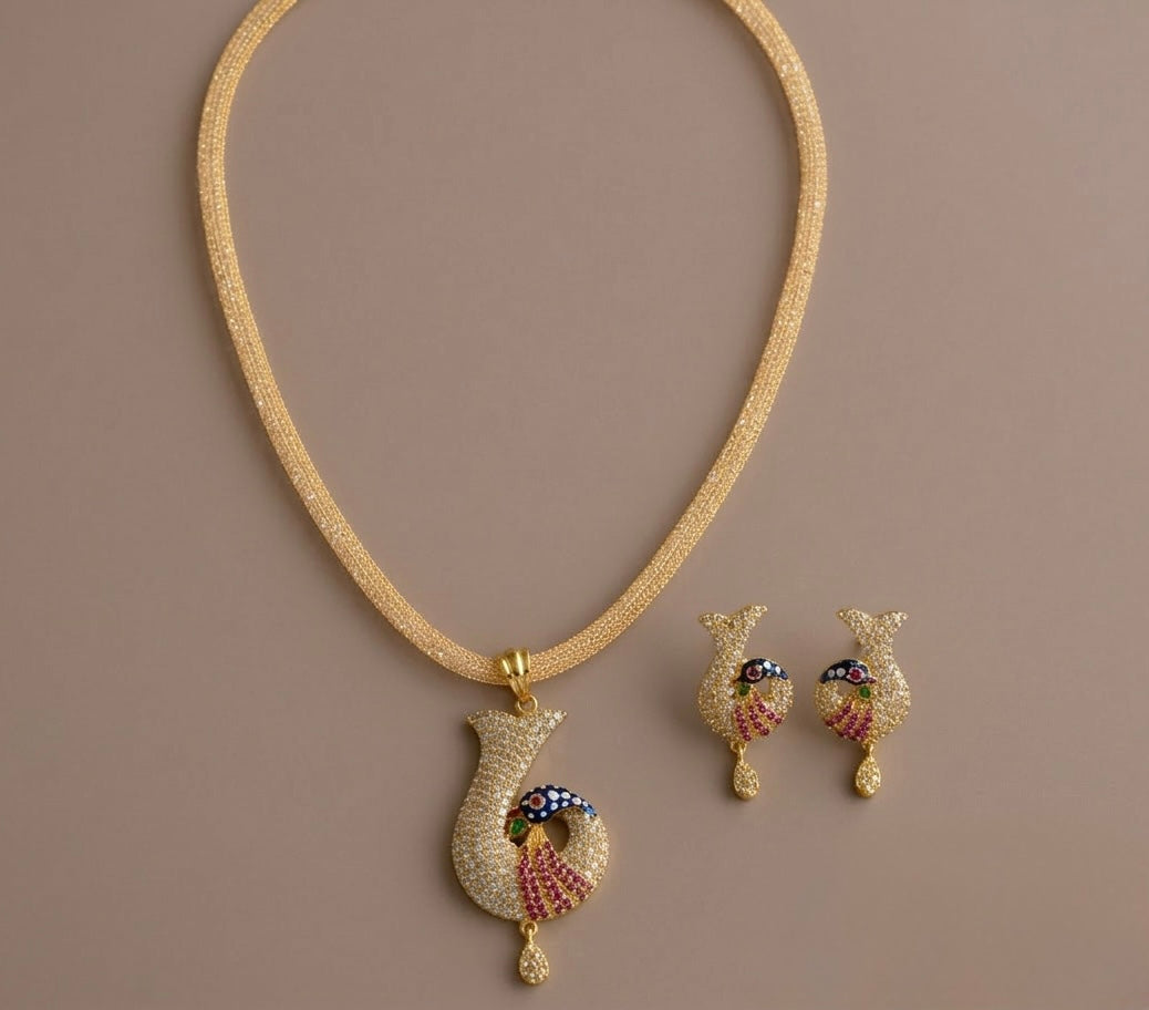 Gold Tone cz-ruby meenakari peacock necklace set dj-06038
