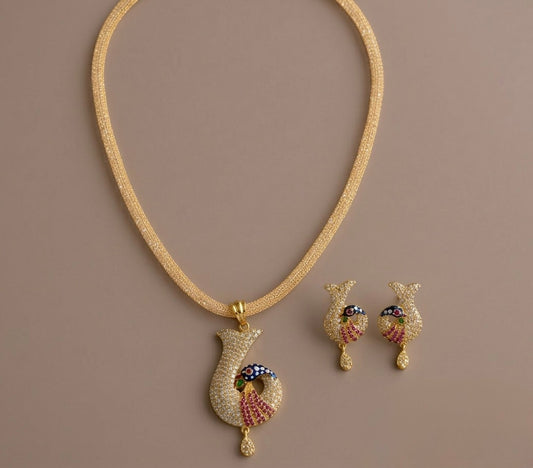 Gold Tone cz-ruby meenakari peacock necklace set dj-06038