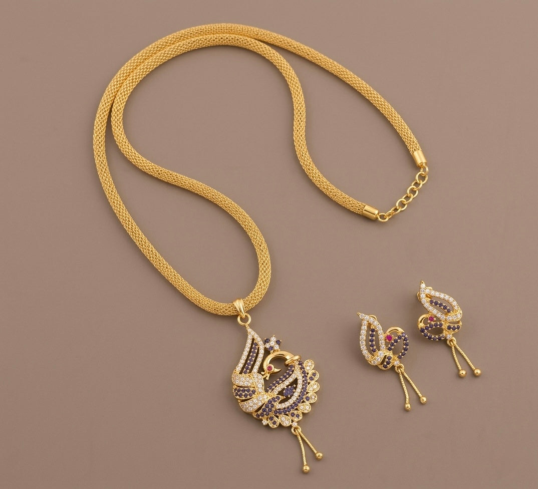 Gold tone cz blue-white peacock pendant chain set DJ22566