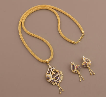 Gold tone cz blue-white peacock pendant chain set DJ22566