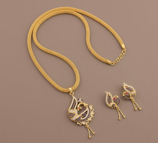 Gold tone cz blue-white peacock pendant chain set DJ22566