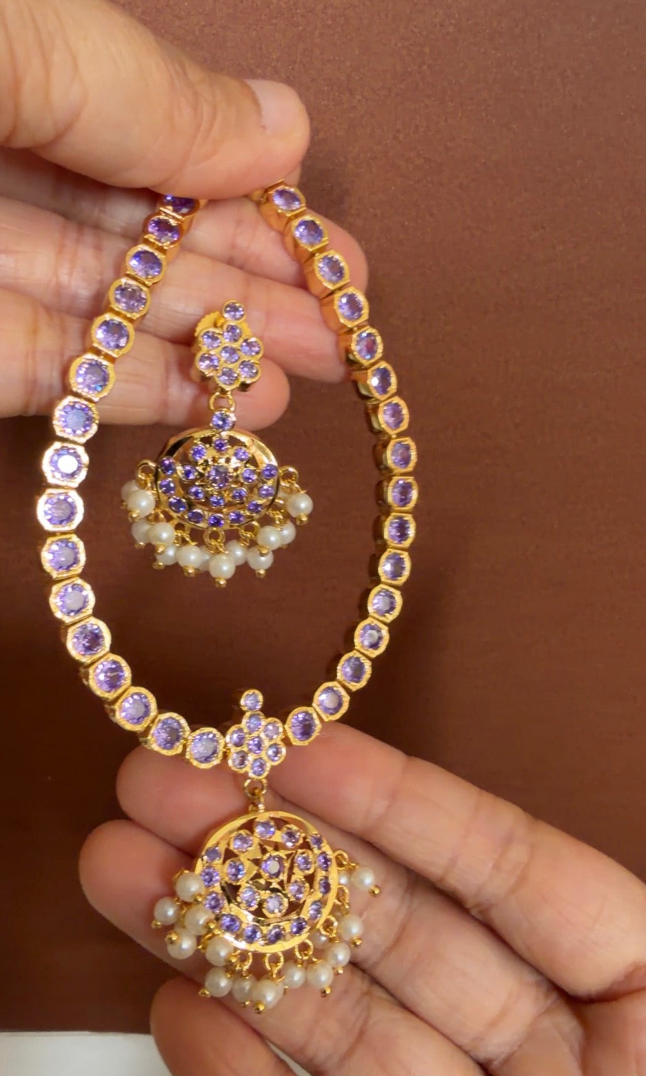 Gold tone AD purple south indian style attigai/necklace set dj-45882
