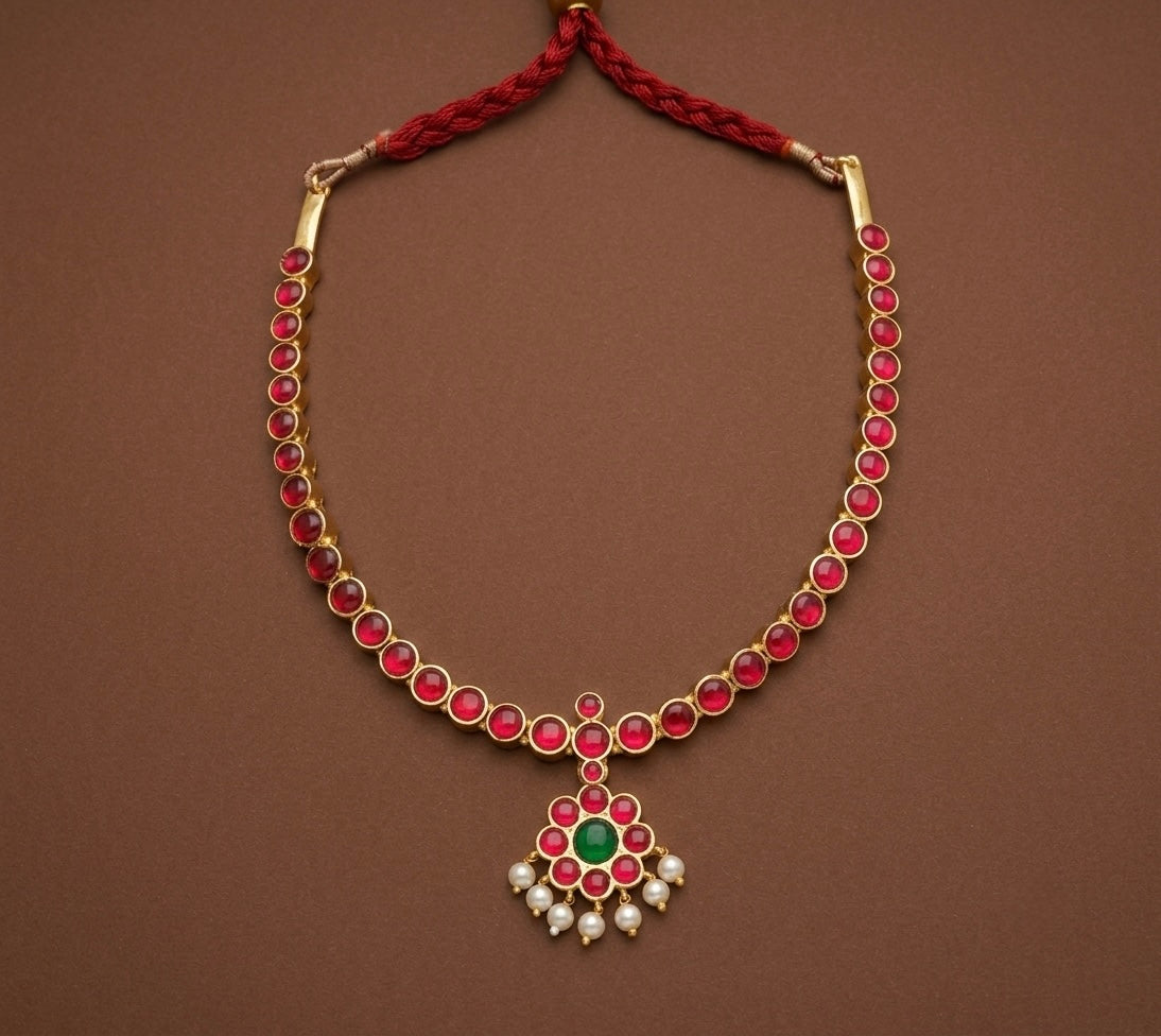Gold tone semi precious kemp-green attigai(necklace) dj-15122